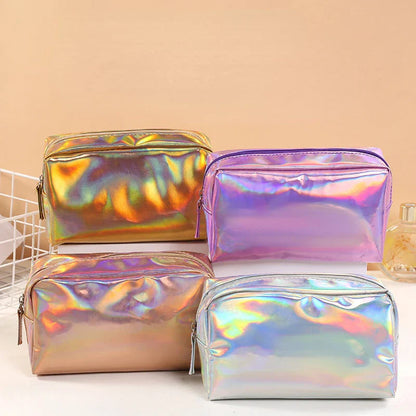 Aichashi BACK TO SCHOOL New Solid Color Laser Cosmetic Bag Ins Wind Portable Wash Storage Bag Makeup Gift Bag Makeup Pouch Travel Cosmetic Organizer