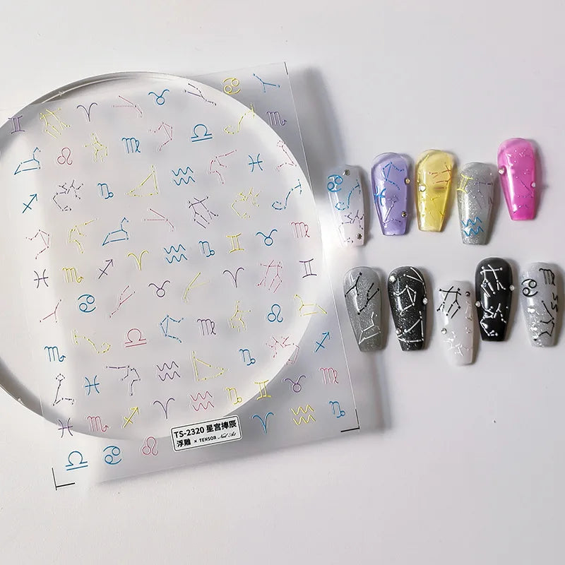 5D Realistic Relief Black White Colorful The Zodiac Twelve Constellations Adhesive Nail Art Stickers Decals Manicure Ornaments