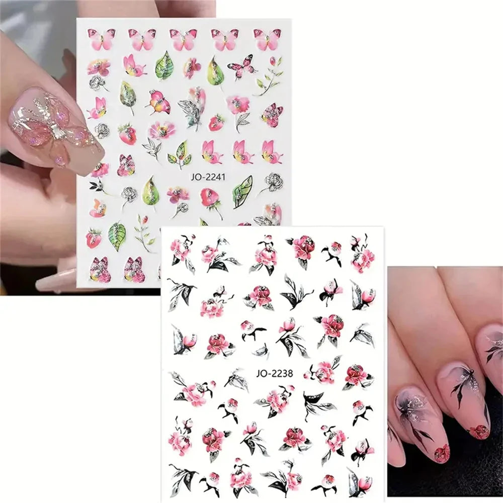 Aichashi 9PCS Spring Flower Nail Art Stickers, Holographic Ink Painting Flower Leaves Nail Transfer Decal Design Girls Nail Pendant