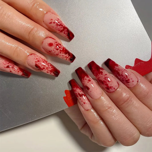 Aichashi Halloween Red Bloodstain False Nails Long Coffin Ballet Full Cover Press on Nails Detchable Full Cover Fake Nail Patches 24pcs