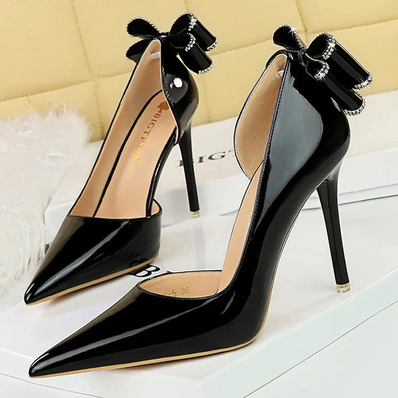 aichashi  -   New Patent Leather High Heels Rear Rhinestone Bowknot Women Pumps Spring Pointed Side Hollow Ladies Stilettos Heels Shoes