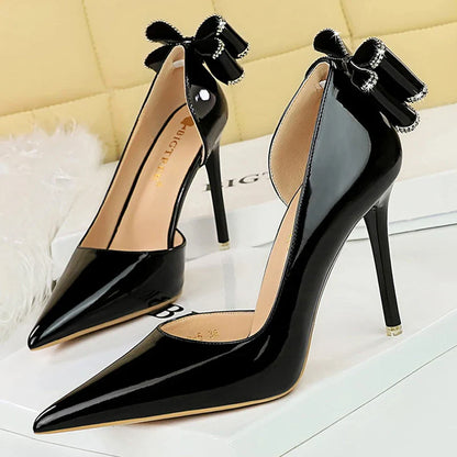 aichashi  -   New Patent Leather High Heels Rear Rhinestone Bowknot Women Pumps Spring Pointed Side Hollow Ladies Stilettos Heels Shoes