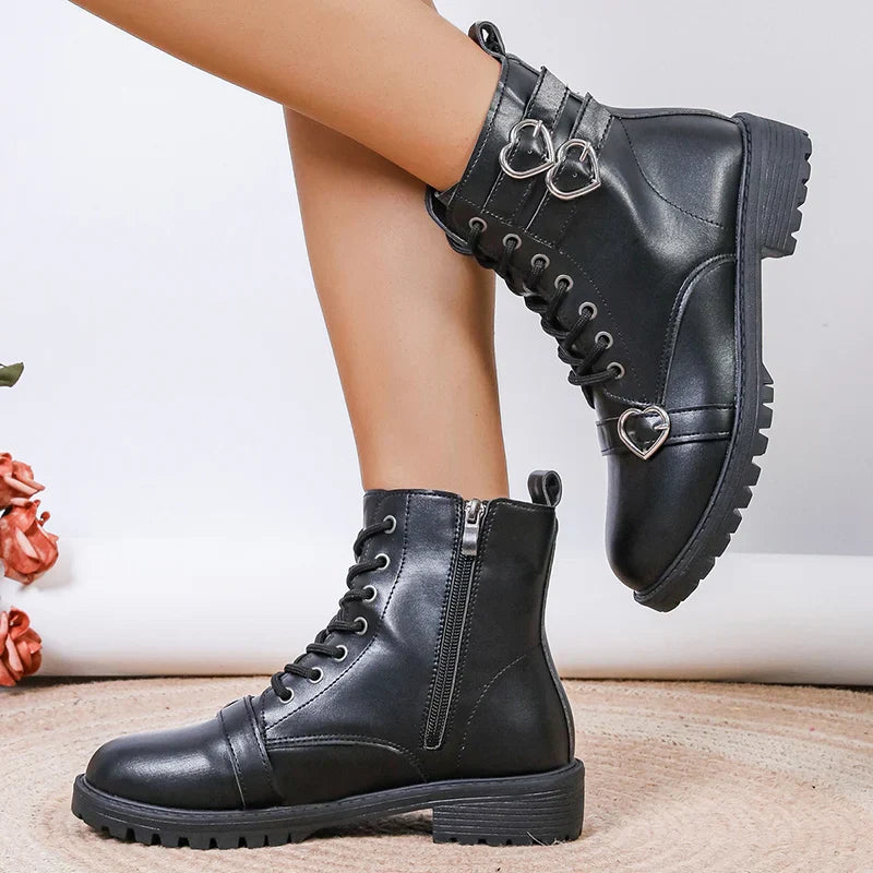 Aichashi Black PU Leather Ankle Boots for Women 2024 Autumn Fashion Lace Up Size Zipper Short Boots Woman Metal Decor Low Heels Booties