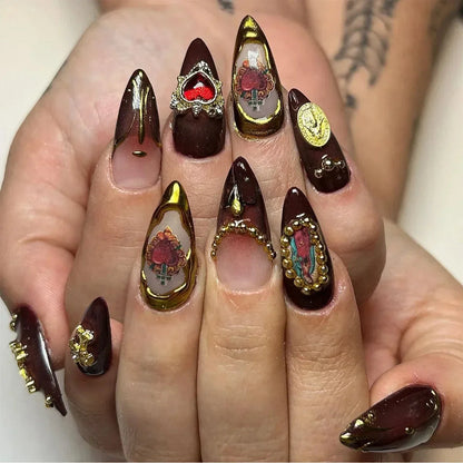 24Pcs Frosting False Nail almond with Golden Glitter Designs French Rhinestone Manicure Stiletto Fake Nails Set Press on Nails