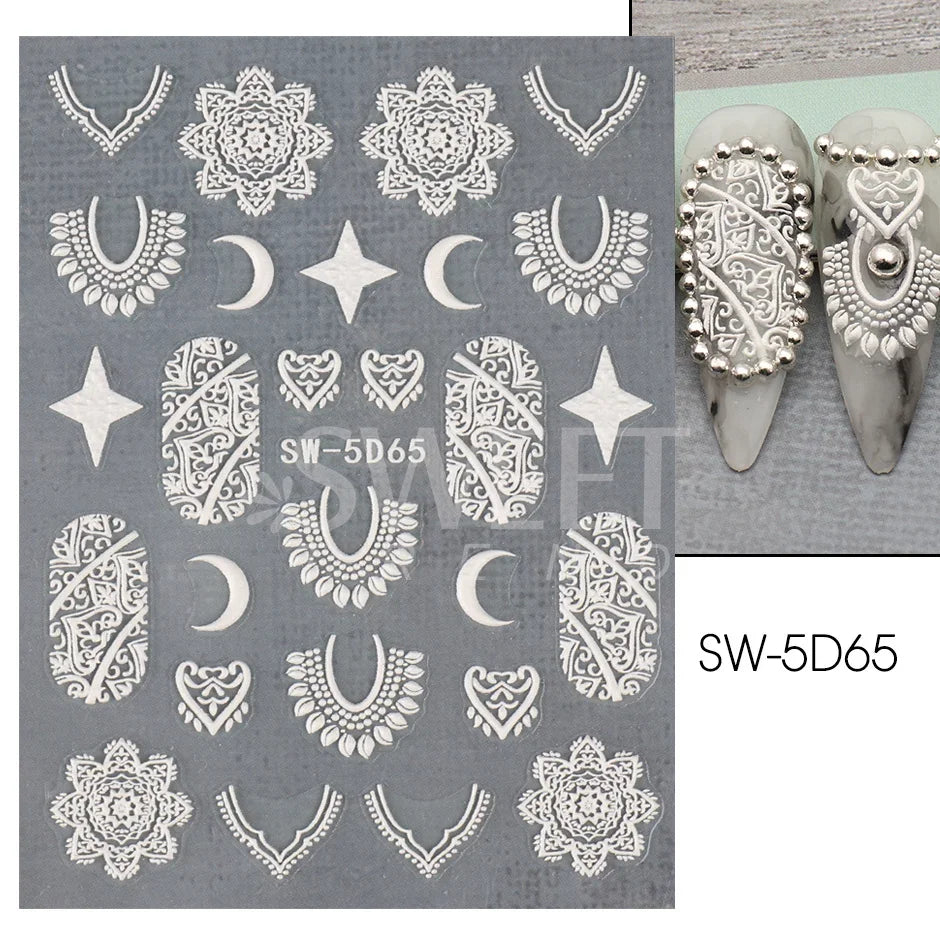 Aichashi 5D Embossed Filigree Stickers Nail Design Brown White Lace Necklace Adhesive Nail Decals Star Moon Carved Decor Sliders SASW-5D