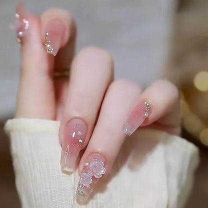 24Pcs Glossy Medium Long Ballerina Press On Nails Pink Glitter Style False Nails With Rhinestone Shiny Gradient Fake Nails