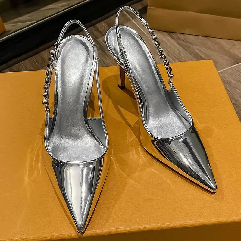 aichashi  -  Shiny High Heels Slingback Women Pumps Metallic Crystal Sandals Pointy Toe Stiletto Heeled Shoes Silver Party Dress Shoes Woman