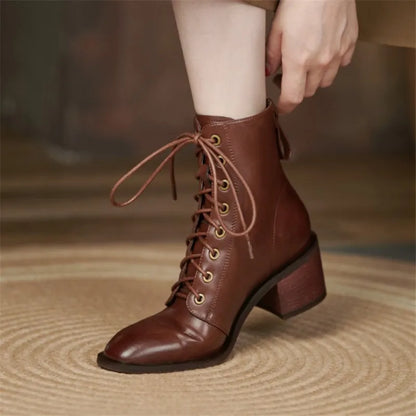 Aichashi New Autumn/Winter Split Leather Women Boots Round Toe Chunky Heels Boots for Women Short Boots Zapatos Mujer Lace High Heels