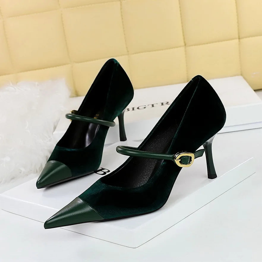 aichashi  -  Pointed Toe Velour Stiletto Heel Women Designer Party Dress Shoes Metal Buckle Splicing Elegant Heels Office Women Shoes Pumps