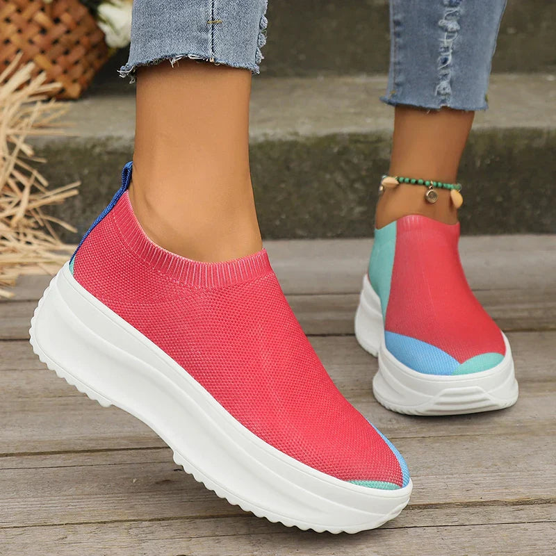 Aichashi Fashion Mix Color Chunky Sneakers for Women Autumn Thick Bottom Platform Sports Shoes Woman Slip On Knitted Vulcanize Shoes