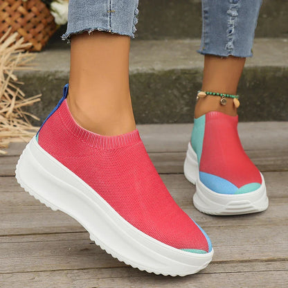 Aichashi Fashion Mix Color Chunky Sneakers for Women Autumn Thick Bottom Platform Sports Shoes Woman Slip On Knitted Vulcanize Shoes