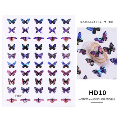 1Sheet Laser Color Butterfly Nail Art Stickers Holographic 3D Gradient Butterflies Adhesive Nail Decals DIY Manicure Decorations