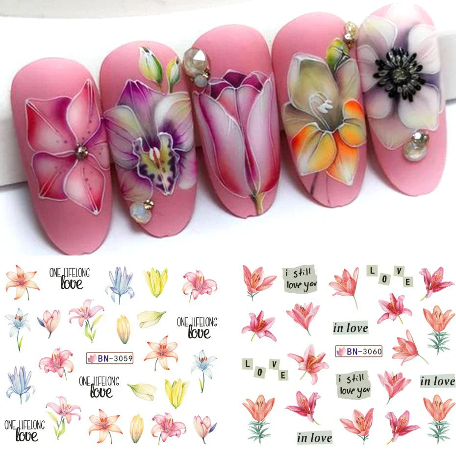 Aichashi 12 Designs Lily Flowers Nail Stickers White Flower Green Leaf Geometric Line Sliders Spring Floral Water Transfer Decals Slider