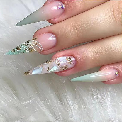 Aichashi Long Stiletto Ballet Fake Nail Tips with Glitter Gradient Designs Wearable False Nails with Glue Almond Press on Acrylic Nails