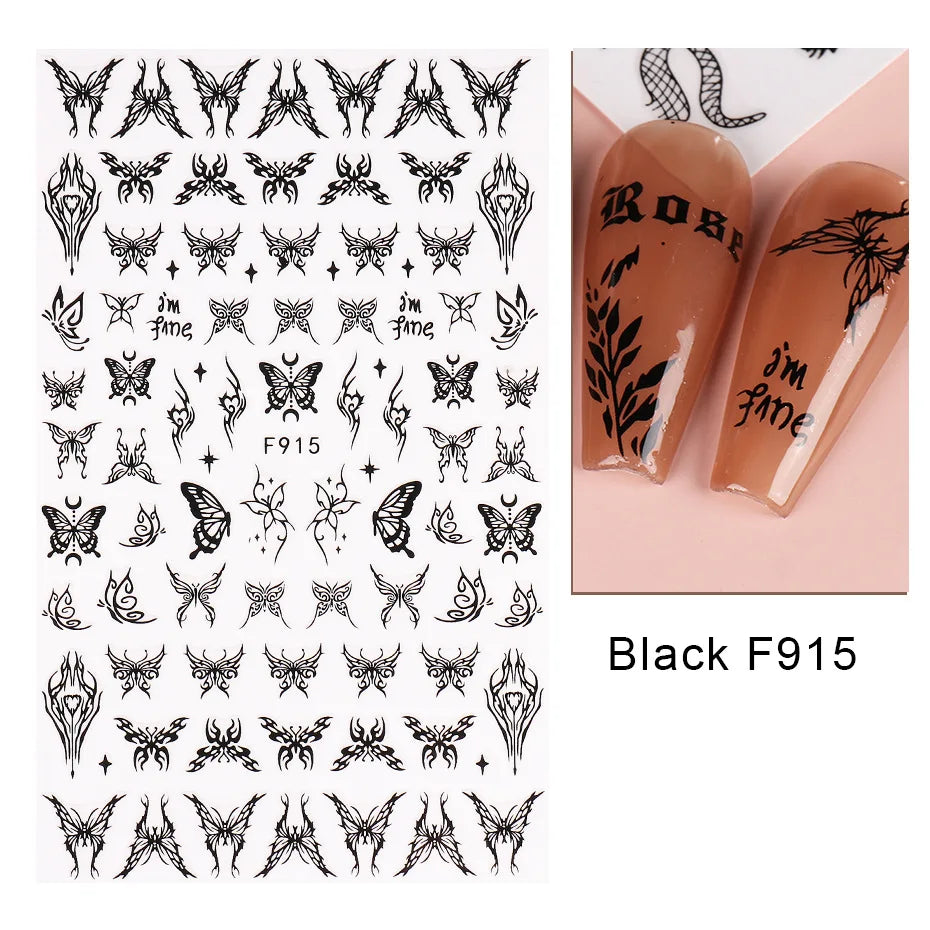 Aichashi 1PCS Black White Butterfly Laser Nail Stickers Y2K Nail Art Decoration Abstract Lines Bronzing Flowers Stickers For Nails