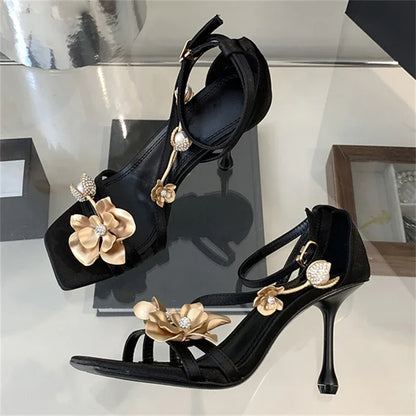 aichashi  -  Luxury Metallic Flower Design Thin High Heels Women Sandals Sexy Open Toe Buckle Strap Stripper Banquet Shoe Elegant Women Pumps