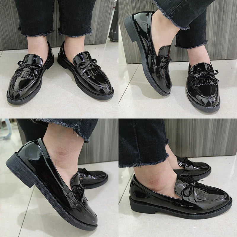 Aichashi Black Patent Leather Women's Loafers Platform Slip on Shoes for Women 2024 Spring British Tassel Casual Flats Shoes Woman