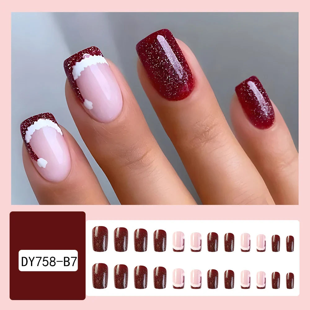 24 Pcs Glossy Medium Square Press On Nails Red Christmas Glitter Fake Nails French Style Reusable False Nails