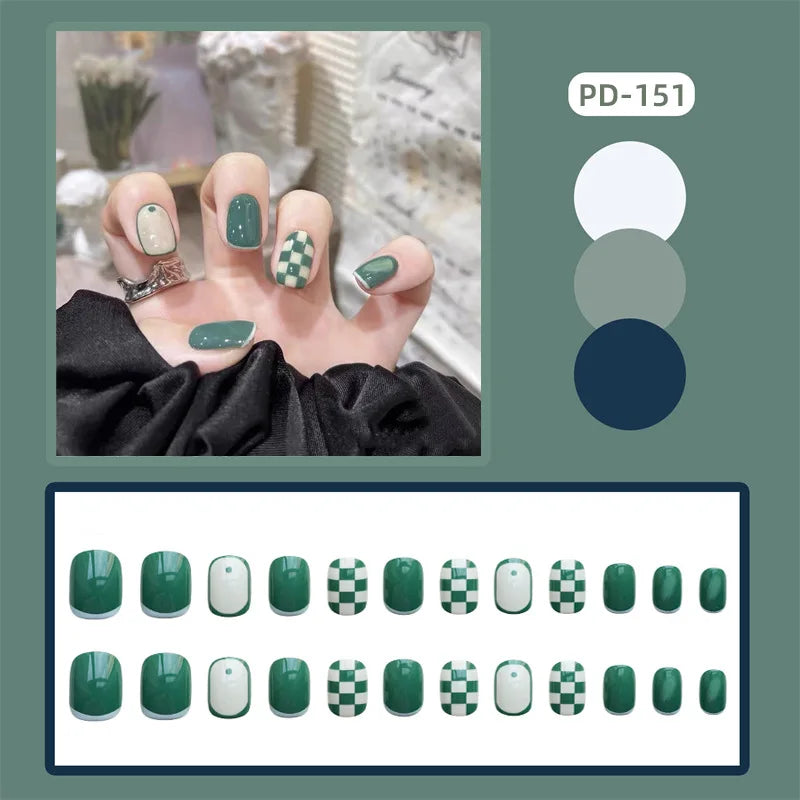 24Pcs Fashion Fake Nails Press on Nail Cute Bear Milk Tea Color Chessboard Grid Pattern Artificial nail Tips with Jelly glue