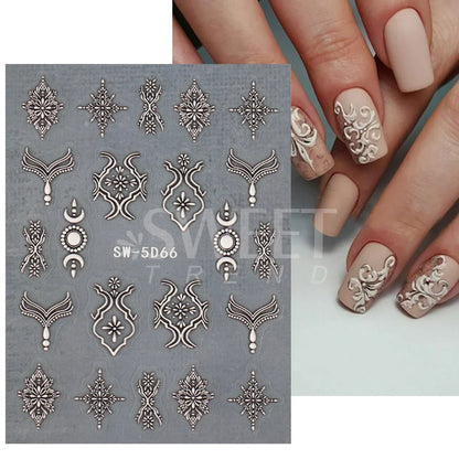 Aichashi 5D Embossed Filigree Stickers Nail Design Brown White Lace Necklace Adhesive Nail Decals Star Moon Carved Decor Sliders SASW-5D