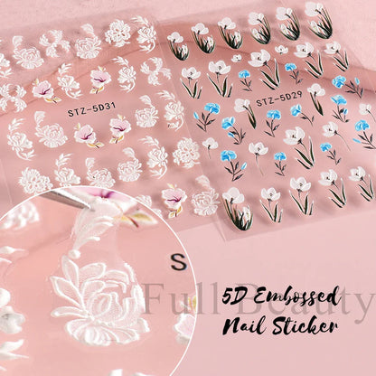 Aichashi 5D Simple Flowers Nail Embossed Stickers Elegant Wedding Design Adhesive Sliders Floral Textured Engraved Decoration Supplies