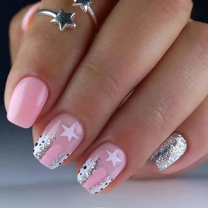 Aichashi Korean Sweet Girl False Nails y2k Pink Five-pointed Star Printed Fake Nails Short Cute White Edge Artificial Nail Patch 24pcs