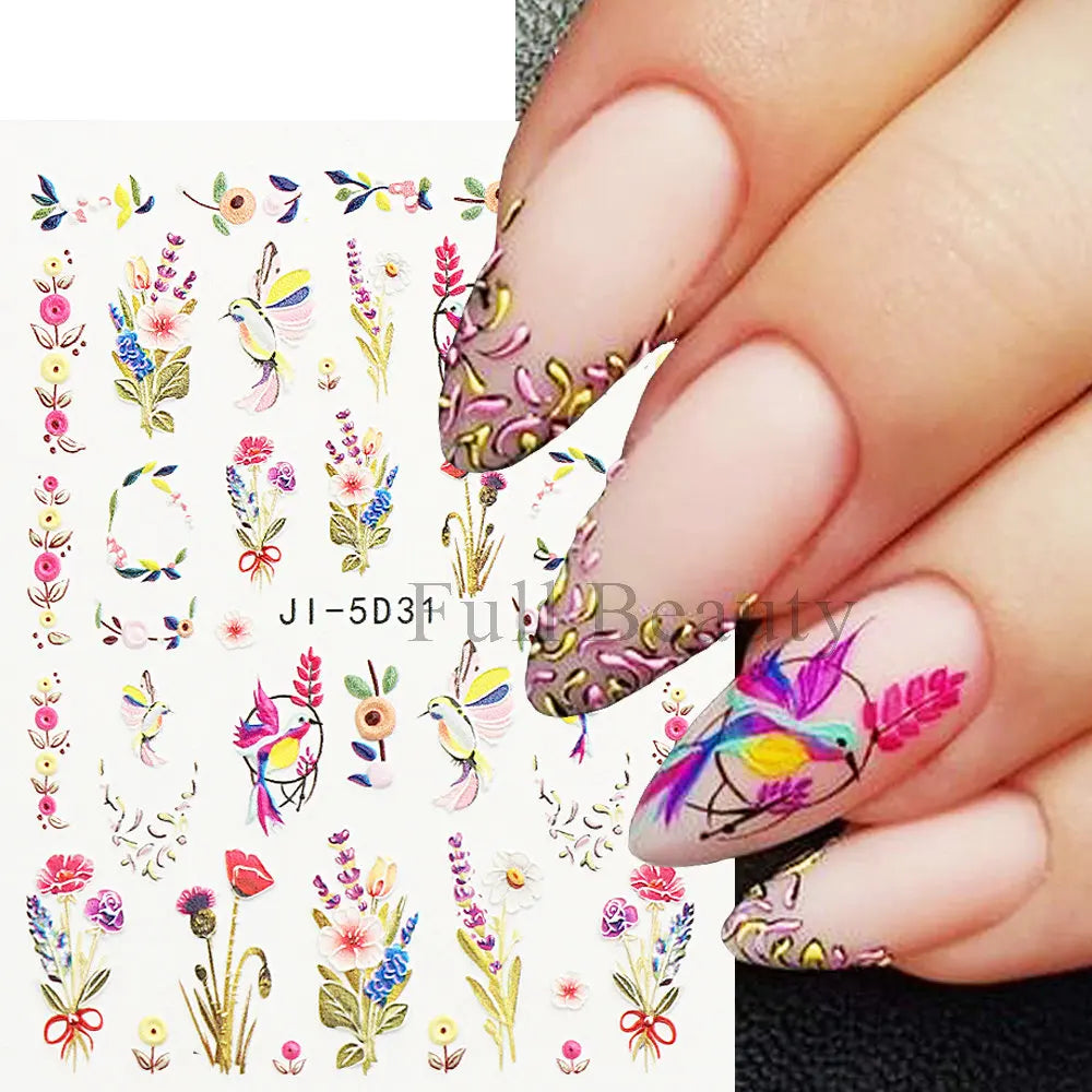 Aichashi 5D Embossed Nail Stickers Flowers Bird Geometric Lines Gold Frame Floral Nail Decals Cherry Blossom Y2K Manicure Decor