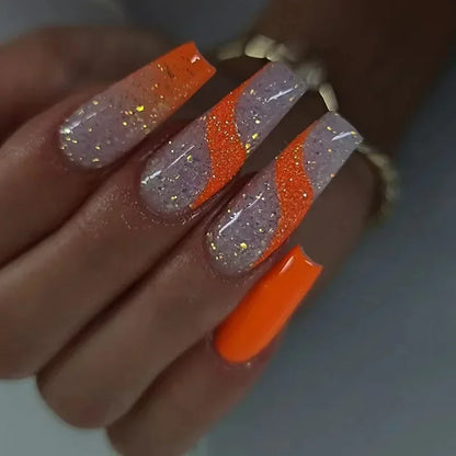 24Pcs Long Ballet Shiny Orange False Nails with Sequins Gradient Stripe Design Press on Nails Art Wearable Coffin Fake Nail Tips