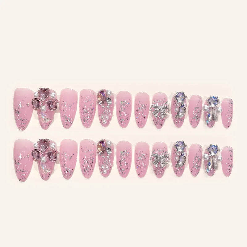 Aichashi Ins Large Crystal False Nails 3D Rhinestone Pearl Decor Bridal Fake Nail Patch Shiny Korean Wedding Artificial Nail Art Tips