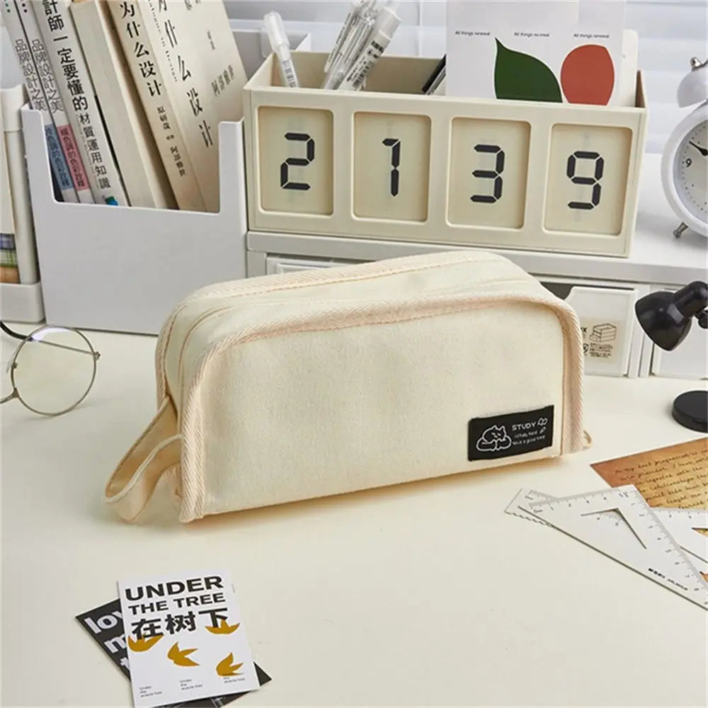 Aichashi BACK TO SCHOOL Ins Simplicity Pencil Case Pen Bag Solid Color White Black Pencil Bag Canvas High Capacity Stationery Storage Bag Student