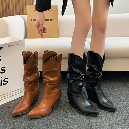 Aichashi High Heels Mid Calf Pleated Boots for Women Autumn Winter Brown Pu Leather Western Boots Woman Thick Heeled Cowgirl Botas Mujer