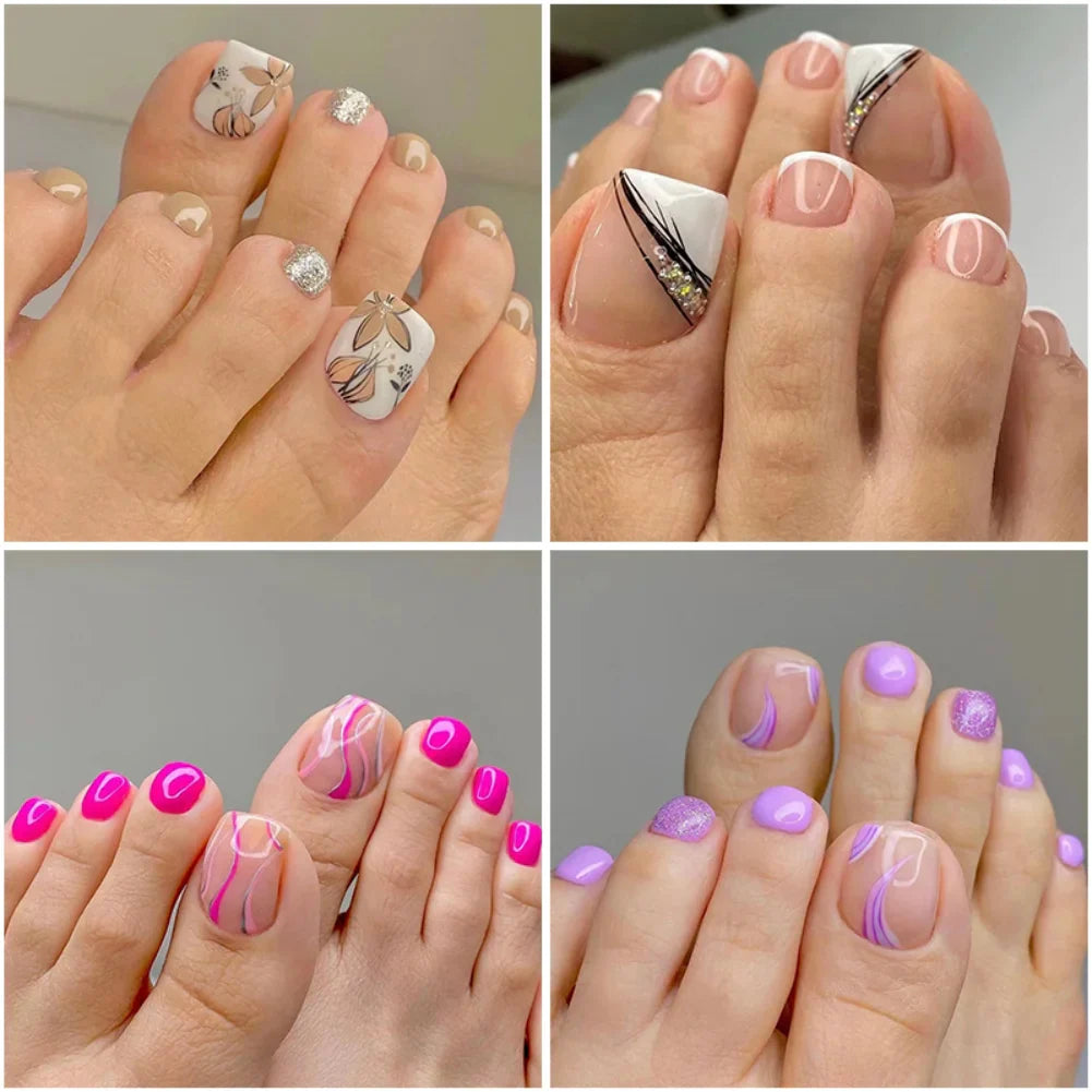 24P Fake Toenails With Glue French Line Glitter False Toe Nails Art Detachable Press On Toenails Acrylic Butterfly ToeNails Tips