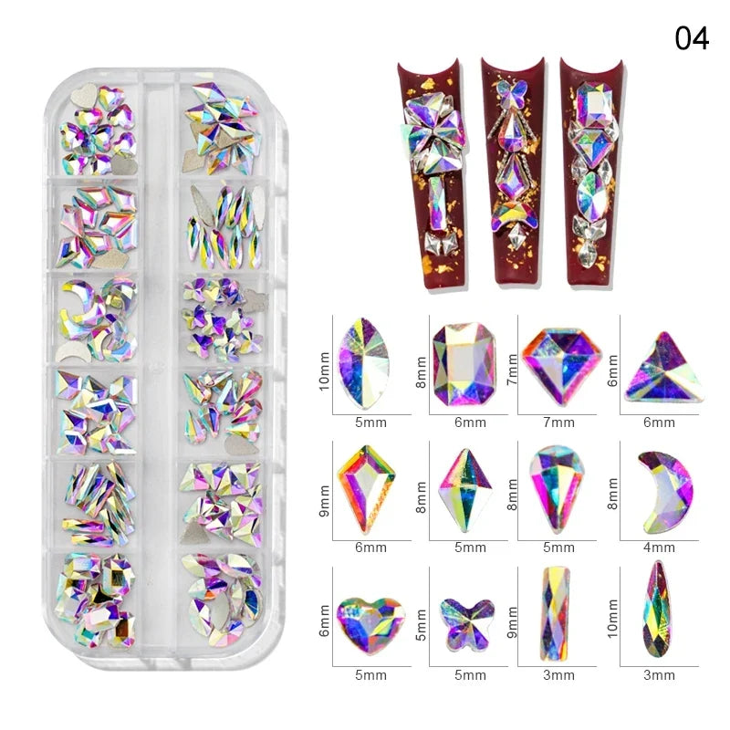 12Gird/Box Colorful Multi Shapes Hotfix Flatback Glass Diamonds 3D DIY Glitter Nail Art Rhinestones Luxurious Decorations