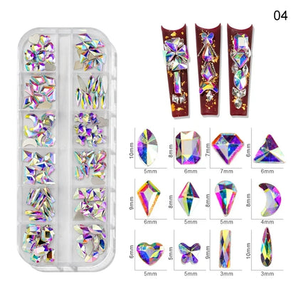 12Gird/Box Colorful Multi Shapes Hotfix Flatback Glass Diamonds 3D DIY Glitter Nail Art Rhinestones Luxurious Decorations