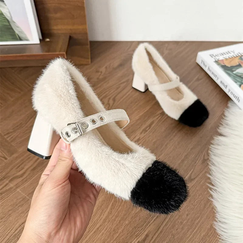 aichashi  -  Fashion Furry Mary Jane Shoes Women Winter Cute Warm High Heels Square Heel Belt Buckle Design Women Pumps Zapatos De Mujer