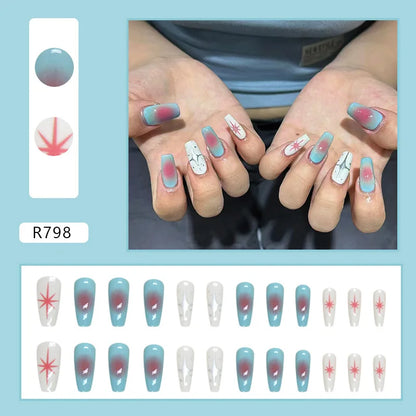 24pcs false nails matte Green Nails Patch with glue Removable Long Paragraph Fashion Manicure press on Nail tips