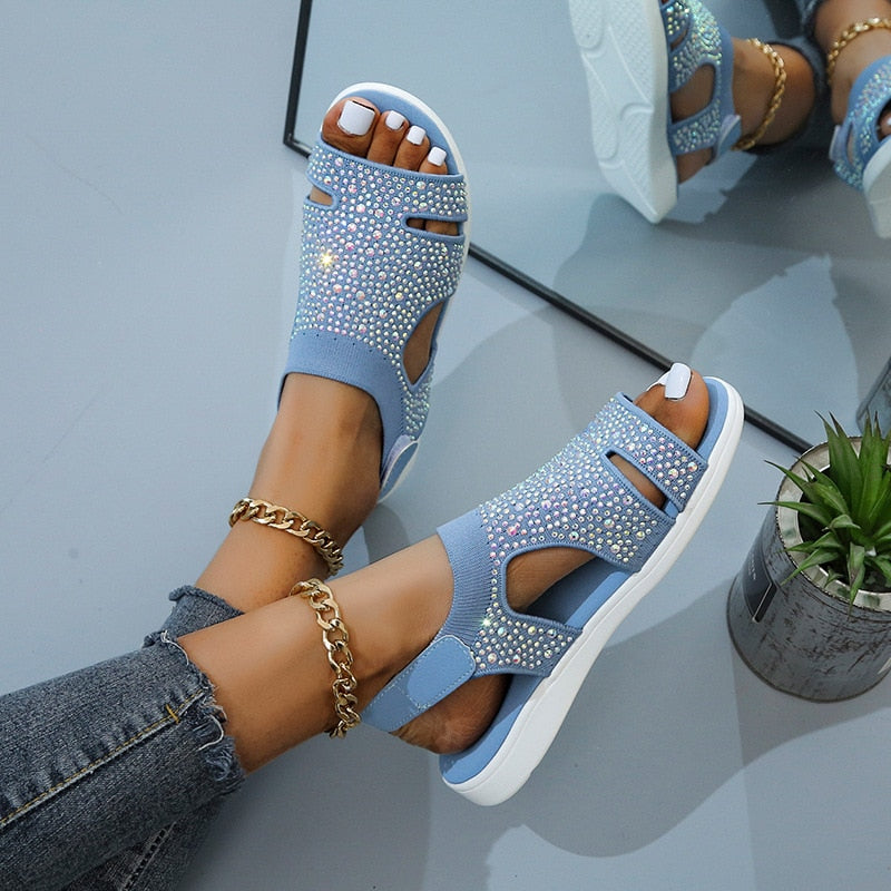 Aichashi New Summer Women Sandals fashion Stretch flying weave Rhinestone Casual Woman Flats Ladies Beach Shoes Women Big size 35-43