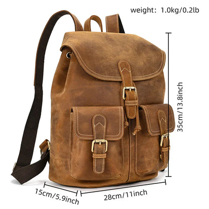 Aichashi BACK TO SCHOOL Genuine Leather Backpack Men Vintage Crazy Horse Leather Bucket Daypack Large Capacity Male Travel Backpack School Bags