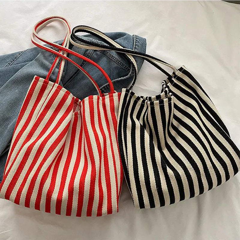 Aichashi BACK TO SCHOOL Korean Version Of Retro Literary Handbag Simple Fresh Striped Shoulder Bag Fashion Large Capacity Shopping Bag