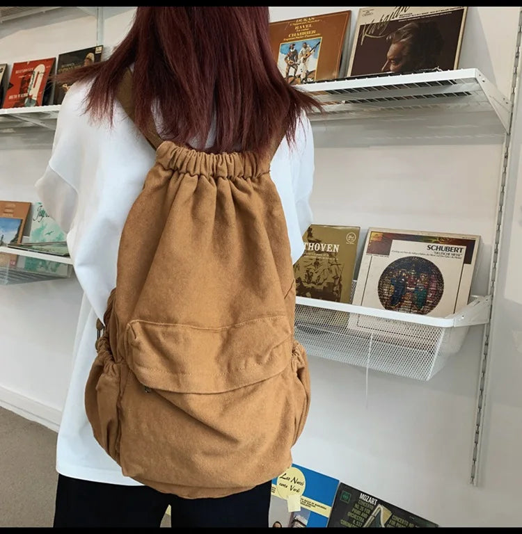 Aichashi BACK TO SCHOOL Girl Solid Color Retro Style Canvas Korean Casual Women Backpack Harajuku High School Students Washed Canvas Drawstring Backpack