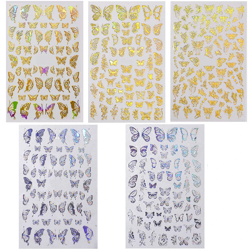 Aichashi Laser Butterfly Sticker Nails Art Holographic Gold/Sliver Nail Decal Design Self-adhesive Butterfly Nail Sticker Ornament