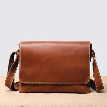 Aichashi Retro Top Layer Cowhide Leather Men's Flap Shoulder Bag Daily Casual Horizontal Crossbody Bag 9.7 Inches Ipad Bag