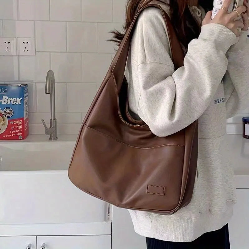 Aichashi BACK TO SCHOOL Women Hobo Bag Simple PU Leather Solid Shoulder Bag Fashion Large Capacity Handbag For School Work