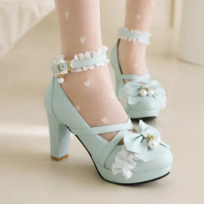 aichashi  -  Sweet Cross Ankle Strap Women High Heels Mary Janes Pumps Party Wedding Cosplay Pink Bowtie Princess Lolita Shoes Big Size 33 45