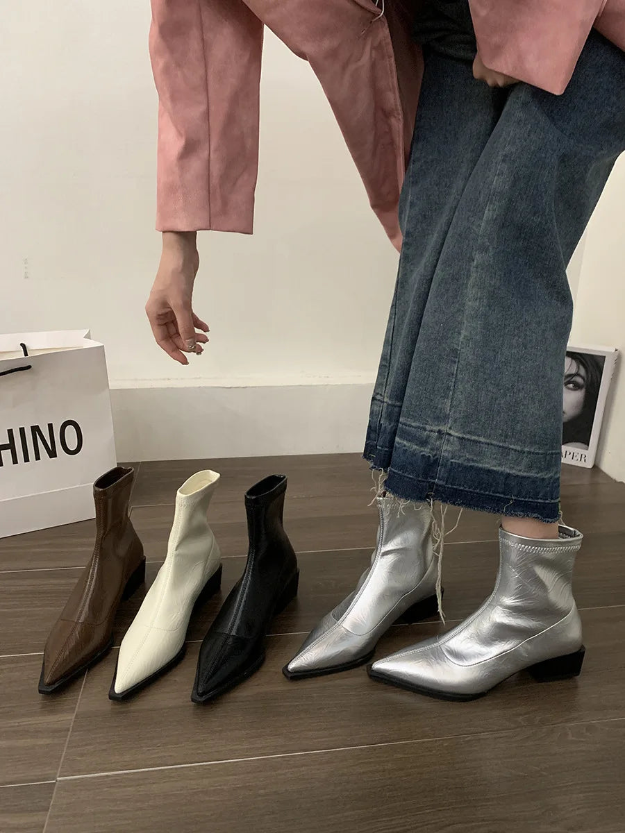 Aichashi Boots Women New Shoes Luxury Designer silver  Ankle Fashion Pointy Med Ladies Rubber Autumn Rome Hoof Heels Flock Solid Sli