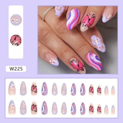 24Pcs Almond False Nails With Tools Cute Heart Strawberry Chili Design French Checkerboard ABS Press On Nails Fake Tips Wearable