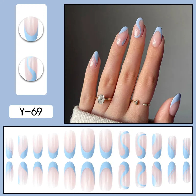 Aichashi 24 Pieces Almond Line Pattern ABS Fake Nails 1 Jelly Gel 1 Random Color Nail File Suitable for Daily Wear