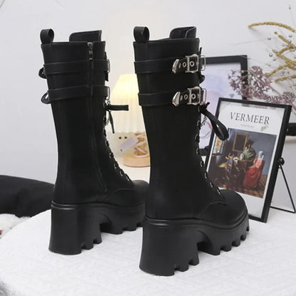 aichashi  -  Fashion Leather Gothic Boots Women Luxury Brand Buckle Chain High Heels Long Boots Autumn Ladies Motorcycle Boots Botas Mujer