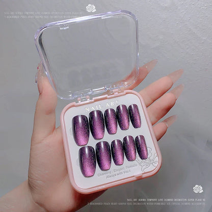 24pcs/box Crystal Cat Eye Shining Diamond Nail Patch Sparkling False Nail Press on Acrylic Nails Handmade Nail Wearing