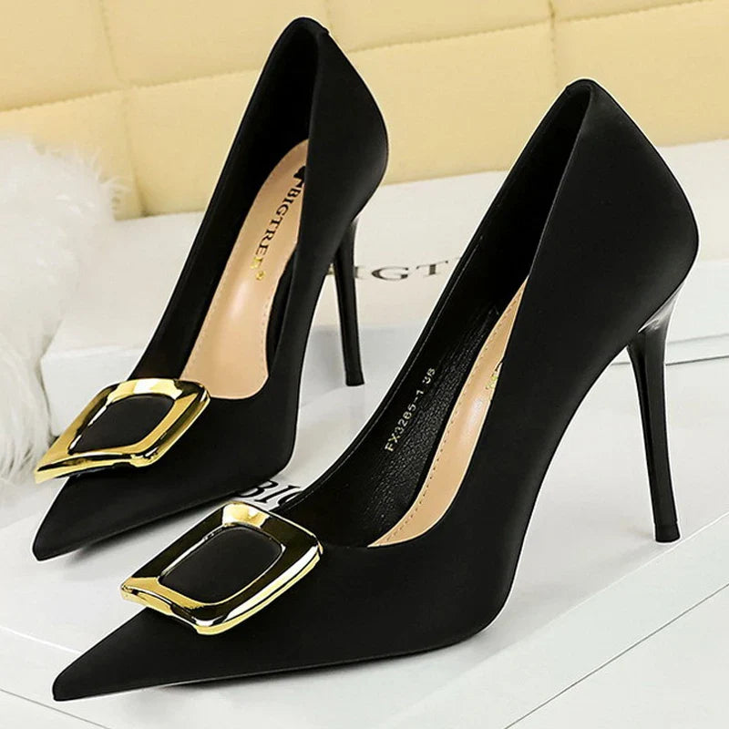 aichashi  -  Shoes Metal Buckle High Heels Women Shoes Silks Satins Pointed Toe Women Pumps Stilettos Fashion Office Shoes 10 Colors